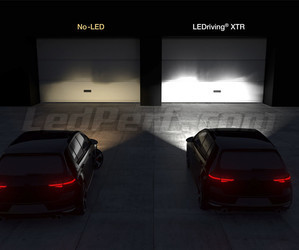 headlights car – comparison before and after fitting the Osram H4 XTR LED in front of garage door.